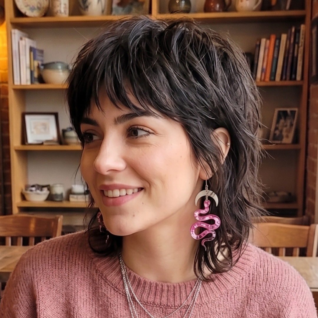 Pink Cosmic Serpent Earrings: Acrylic Snake & Steel Moon Statement Hoops