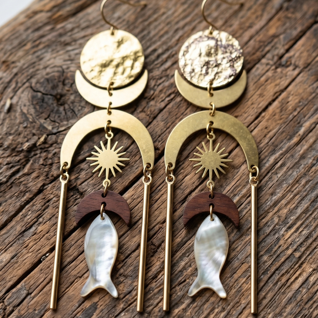 The Pisces Dusters | Celestial Brass & Shell Statement Earrings
