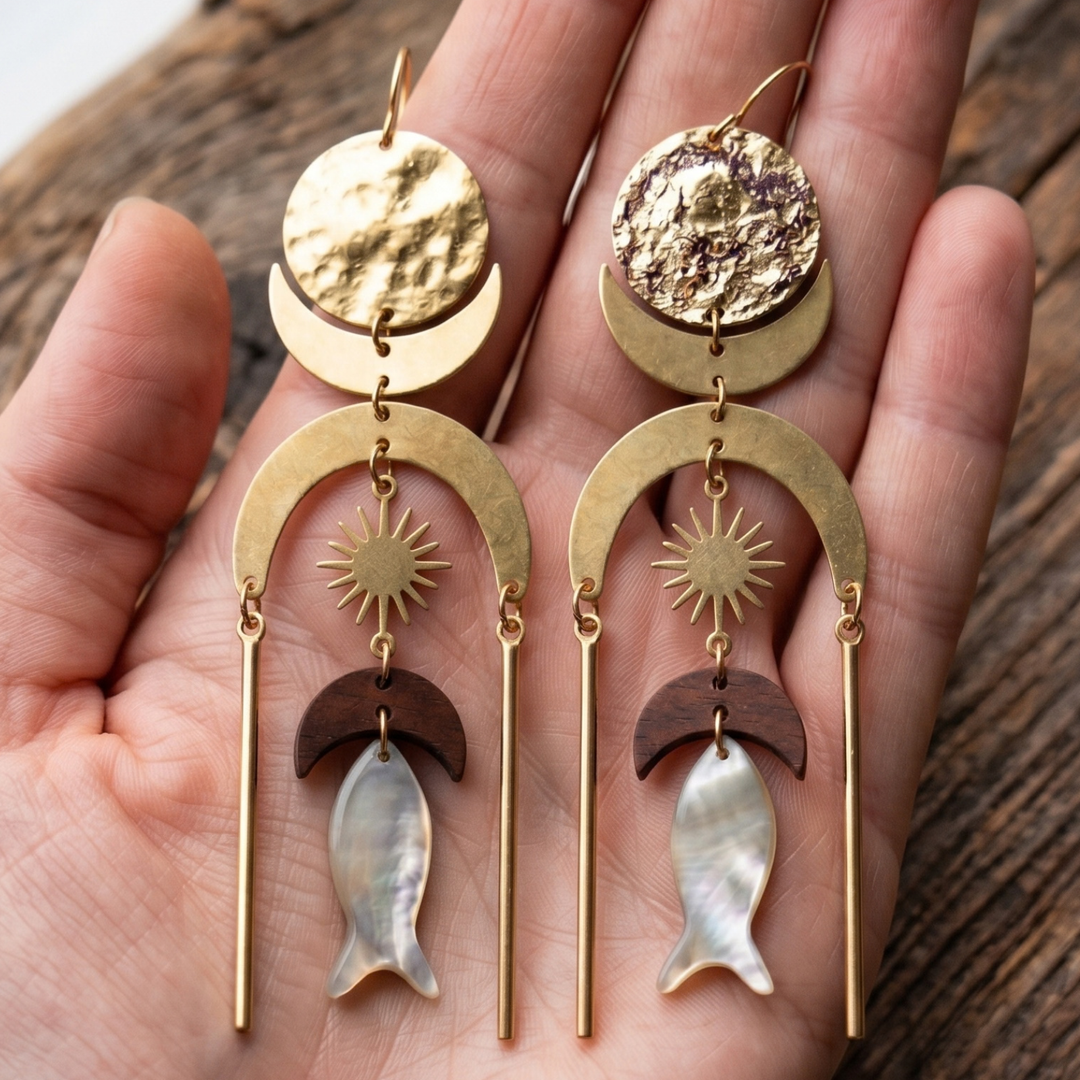 The Pisces Dusters | Celestial Brass & Shell Statement Earrings