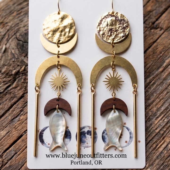 The Pisces Dusters | Celestial Brass & Shell Statement Earrings