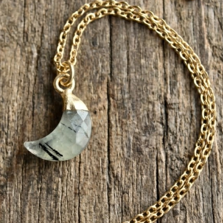 Genuine Prehnite Crescent Moon Necklace in Gold - Dainty 16" Collarbone Chain