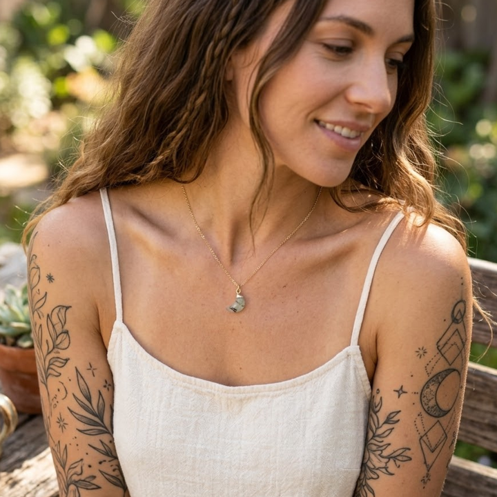 Genuine Prehnite Crescent Moon Necklace in Gold - Dainty 16" Collarbone Chain