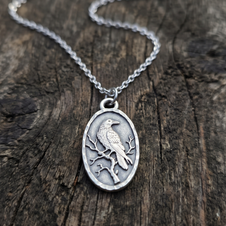 Antiqued Silver Raven Necklace | Stainless Steel Chain (16"–18")