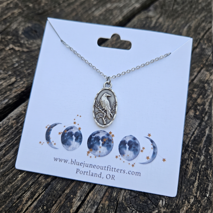 Antiqued Silver Raven Necklace | Stainless Steel Chain (16"–18")
