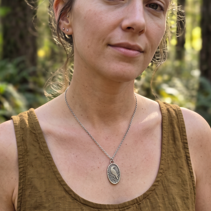 Antiqued Silver Raven Necklace | Stainless Steel Chain (16"–18")