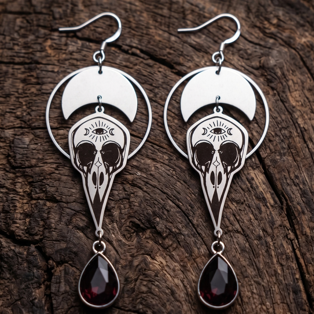 Crescent Moon & Raven Skull Drop Earrings | Stainless Steel & Garnet Glass Crystal