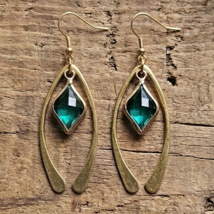 Raw Brass Wishbone Earrings with Emerald Green Glass Marquise Crystal