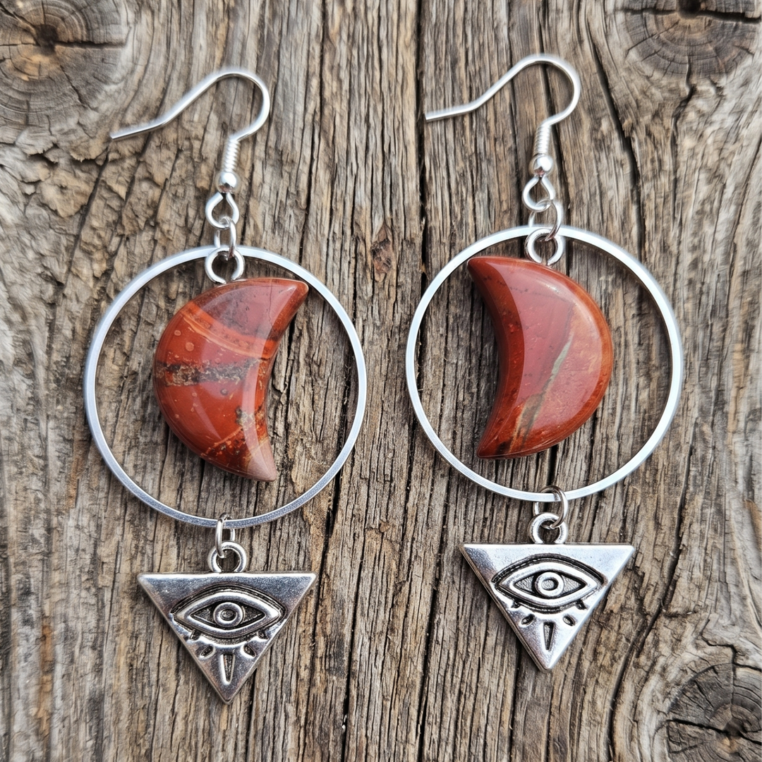 Red Creek Jasper Crescent Moon Earrings – Mystical Evil Eye Boho Dangles