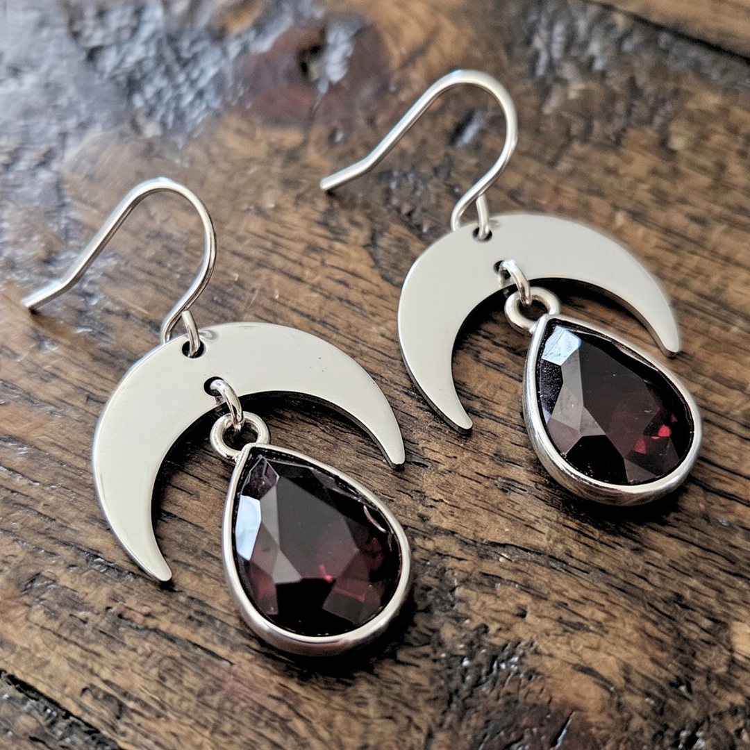 Crescent Moon Teardrop Earrings, Edgy Boho Stainless Steel Garnet Red Crystal Dangle Jewelry
