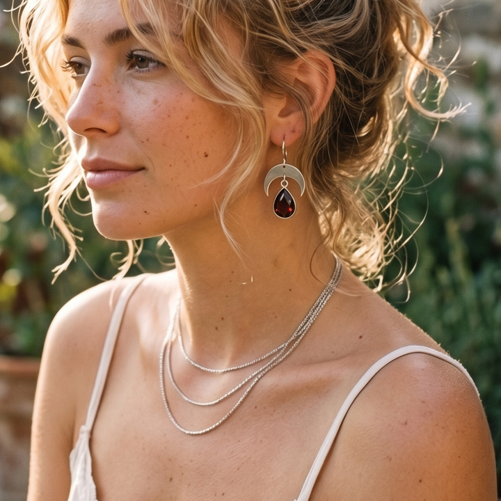 Crescent Moon Teardrop Earrings, Edgy Boho Stainless Steel Garnet Red Crystal Dangle Jewelry