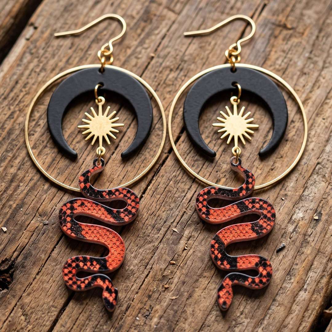Snake & Crescent Moon Celestial Drop Earrings in Raw Brass and Black Oxide