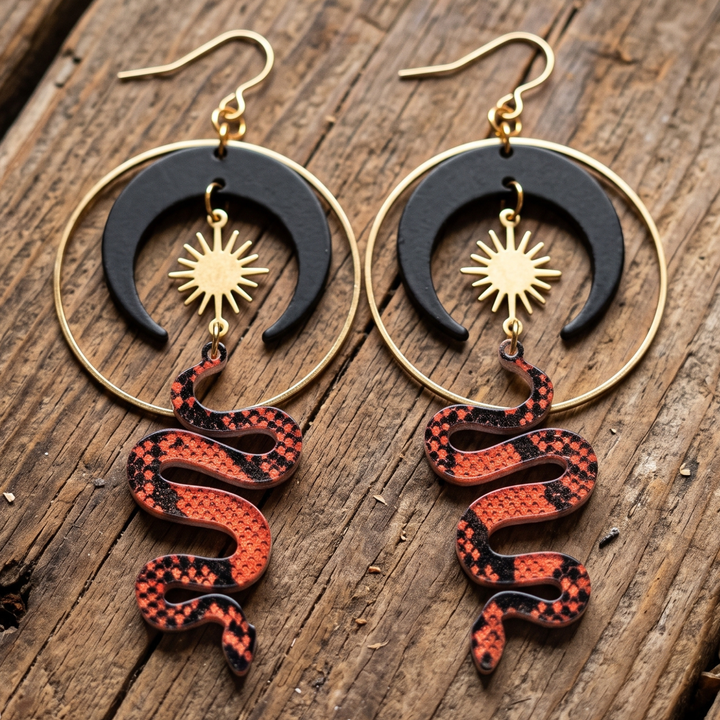 Snake & Crescent Moon Celestial Drop Earrings in Raw Brass and Black Oxide