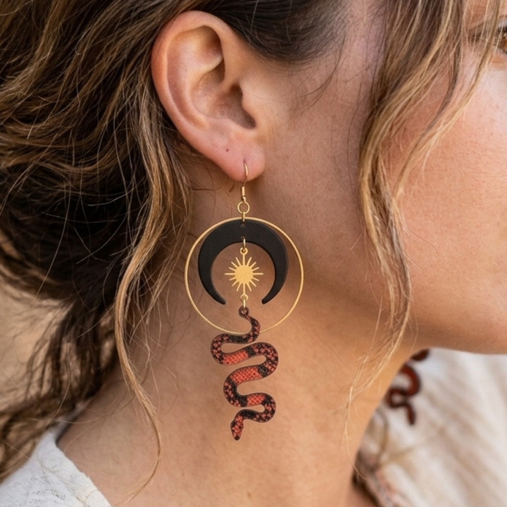 Snake & Crescent Moon Celestial Drop Earrings in Raw Brass and Black Oxide