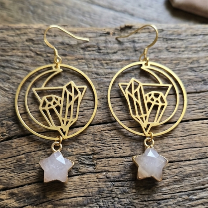 Celestial Rose Quartz Star & Brass Crystal Earrings | Boho Gold Dangle