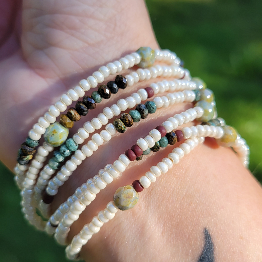 Rustic Harmony Wrap Bracelet – African Turquoise & Ivory Beads