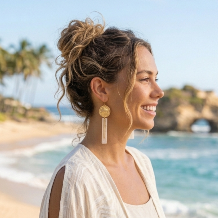 Modern Boho Statement Earrings – Mother of Pearl & Hammered Brass