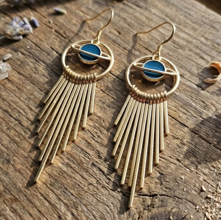 Gold Saturn Fringe Dangle Earrings - Boho Celestial Enamel Drop Earrings