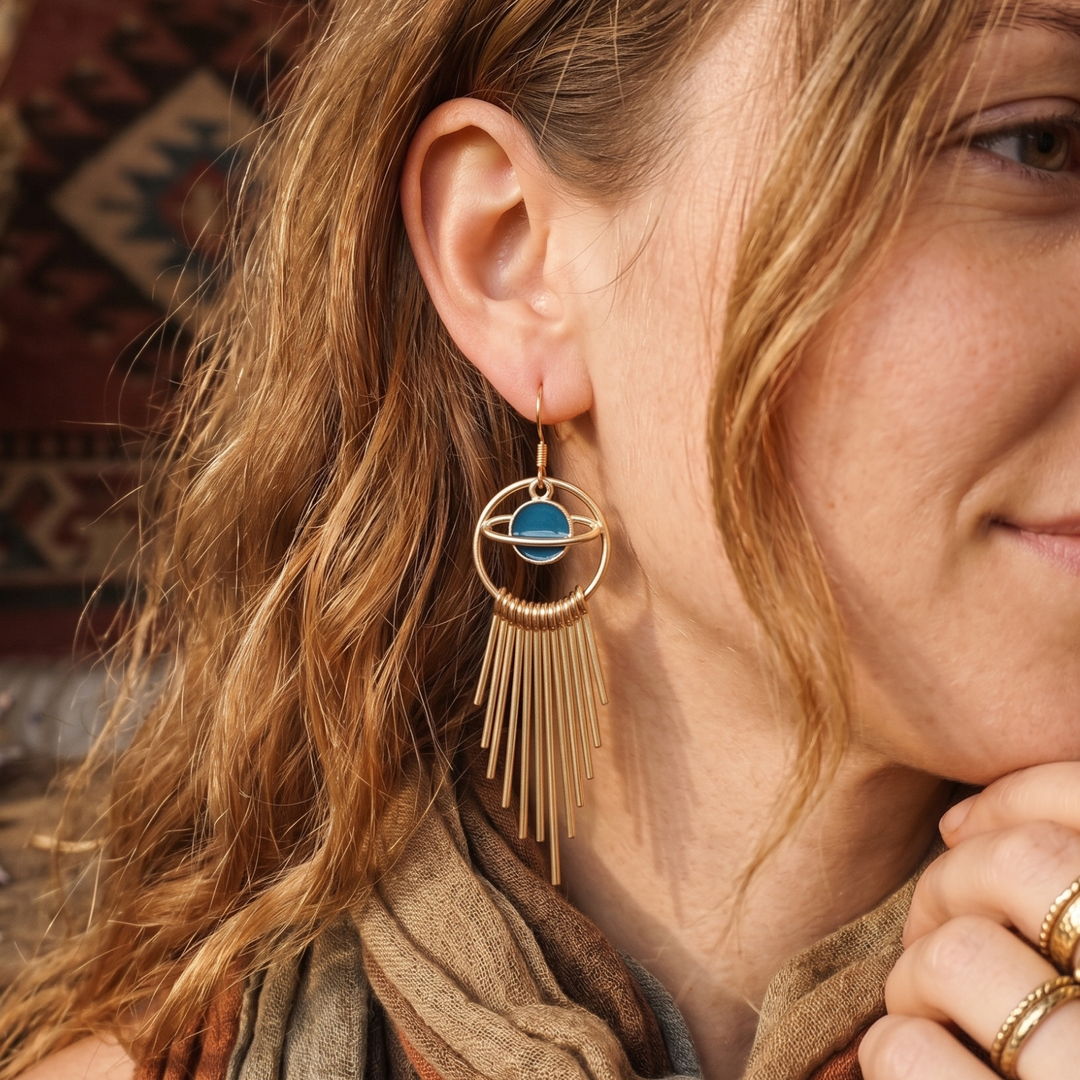 Gold Saturn Fringe Dangle Earrings - Boho Celestial Enamel Drop Earrings