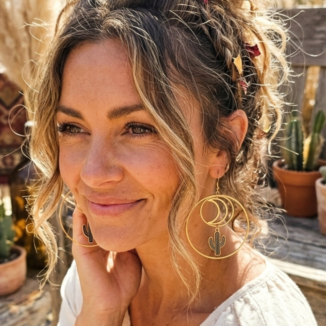 Celestial Desert Hoop Earrings | Raw Brass Moon & Cactus Dangles