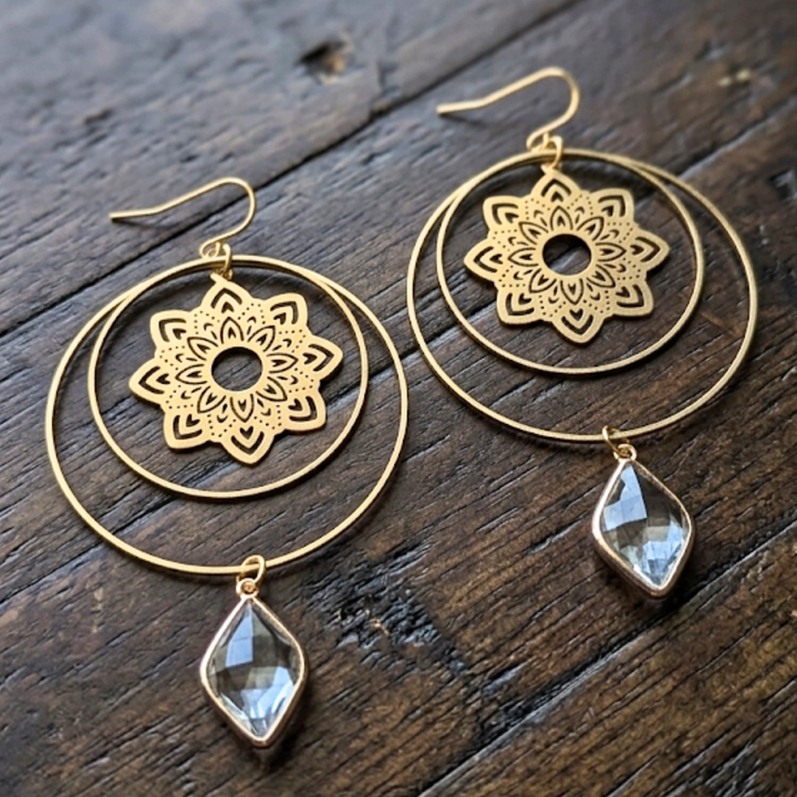 Large Mandala Hoop Earrings with Clear Glass Crystals - 3.5" Raw Brass Dangles