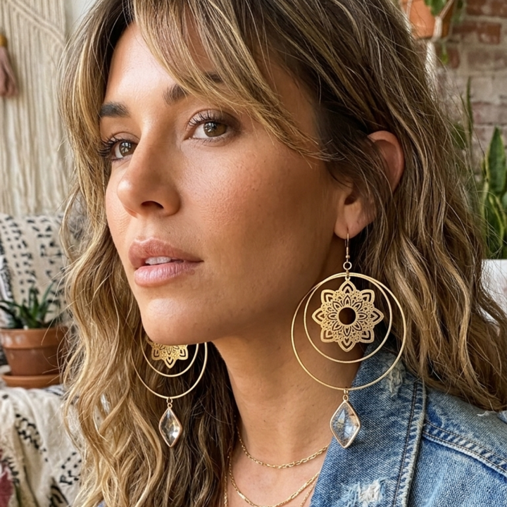 Large Mandala Hoop Earrings with Clear Glass Crystals - 3.5" Raw Brass Dangles
