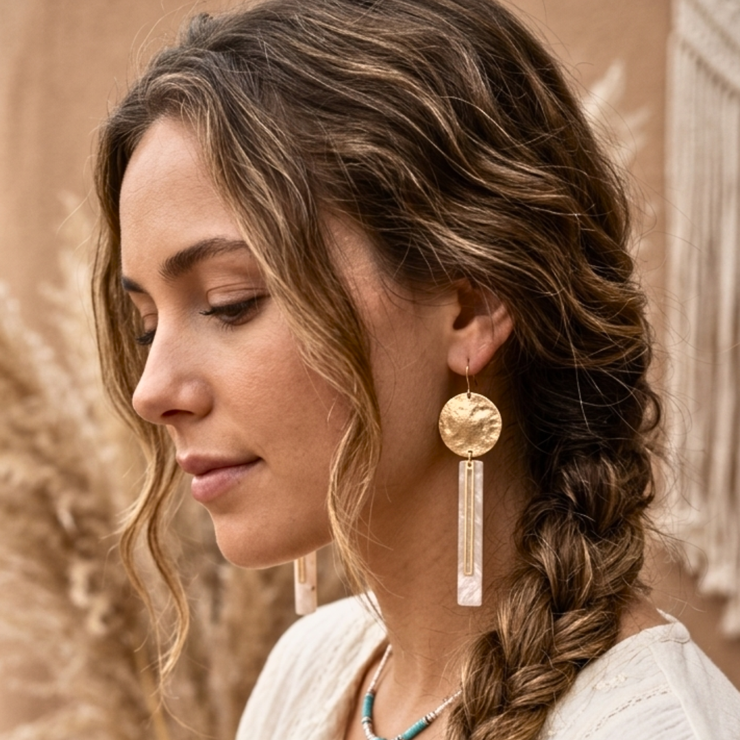 Modern Boho Statement Earrings – Mother of Pearl & Hammered Brass