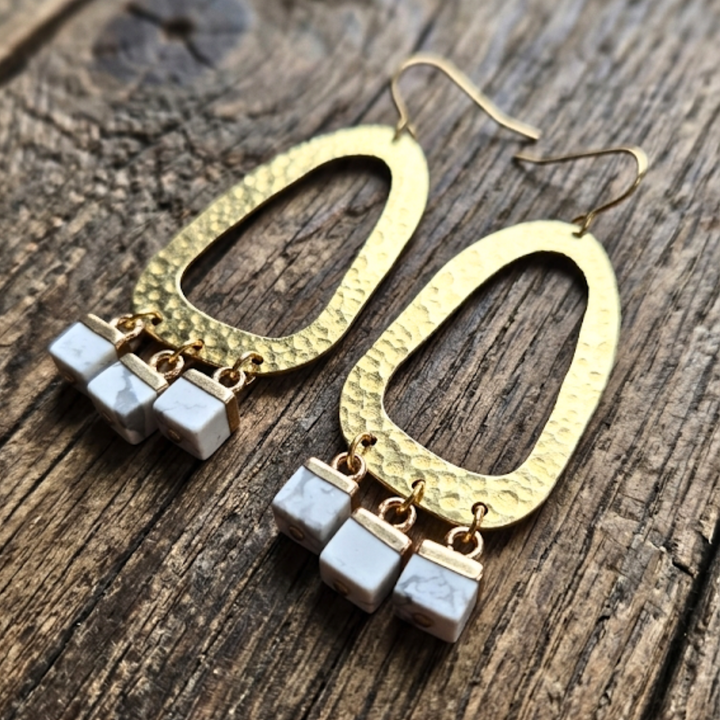 Hammered Brass Geometric Hoop Earrings with White Howlite Charms | 18k Gold Plated