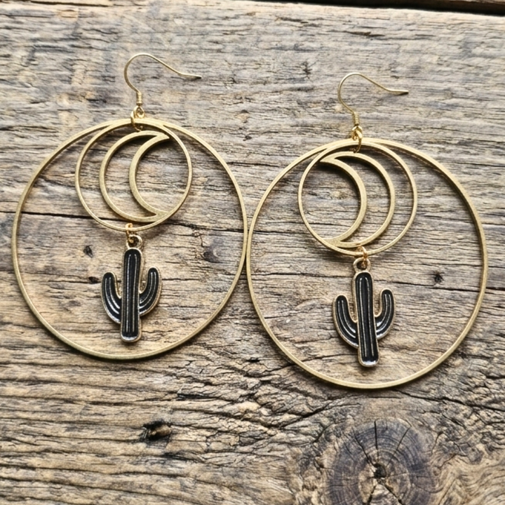 Celestial Desert Hoop Earrings | Raw Brass Moon & Cactus Dangles