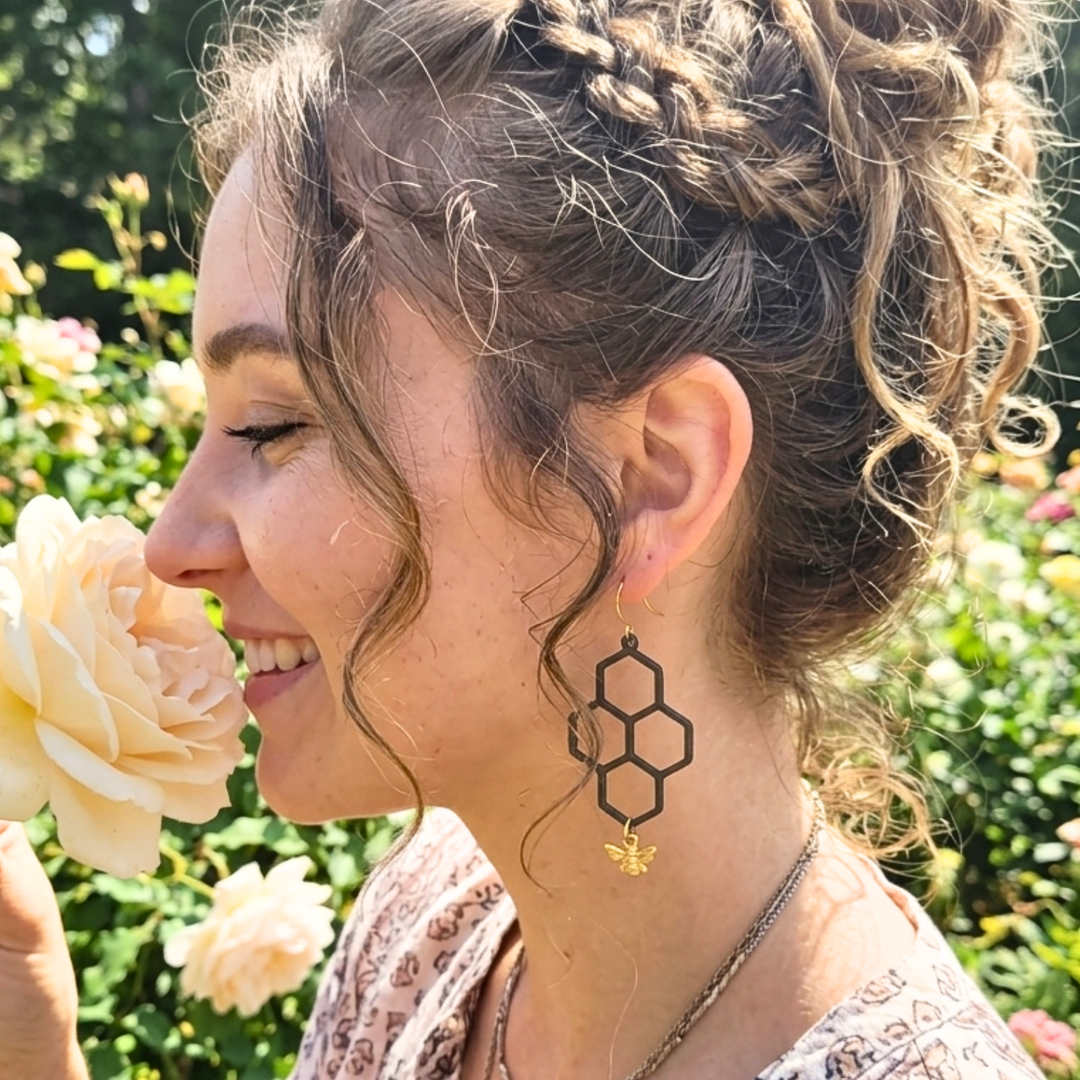 Honeycomb & Honeybee Drop Earrings – Lightweight Boho Statement Jewelry