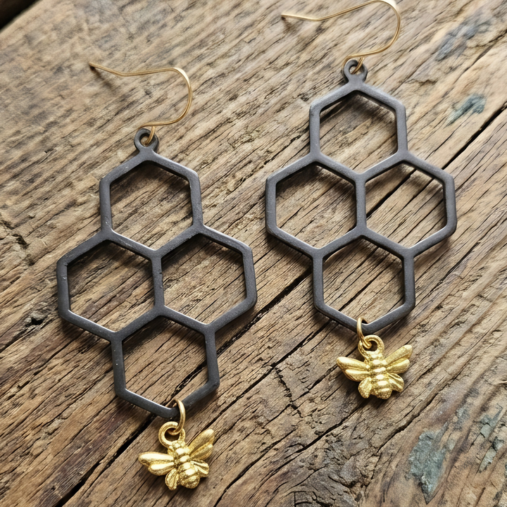 Honeycomb & Honeybee Drop Earrings – Lightweight Boho Statement Jewelry