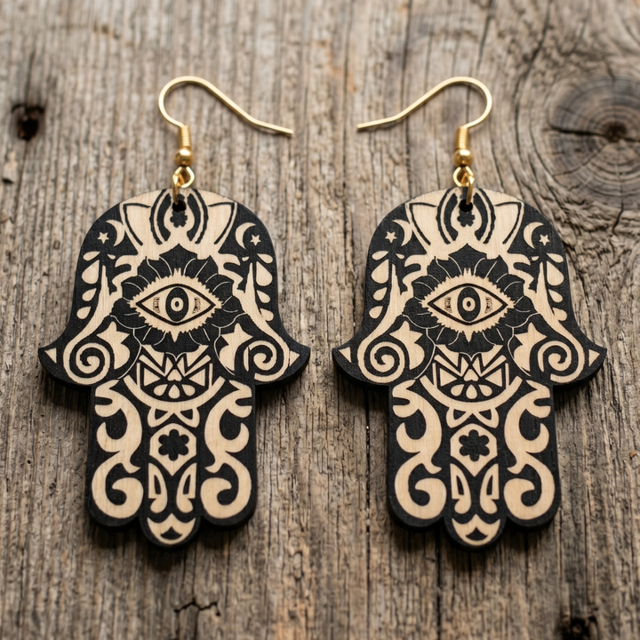 Sacred Protection: Laser-Etched Wooden Hamsa Earrings