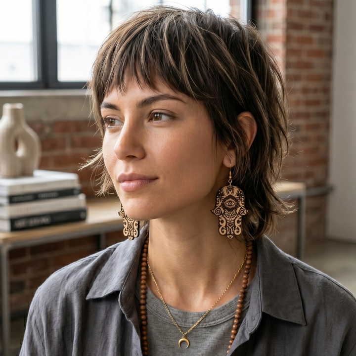 Sacred Protection: Laser-Etched Wooden Hamsa Earrings