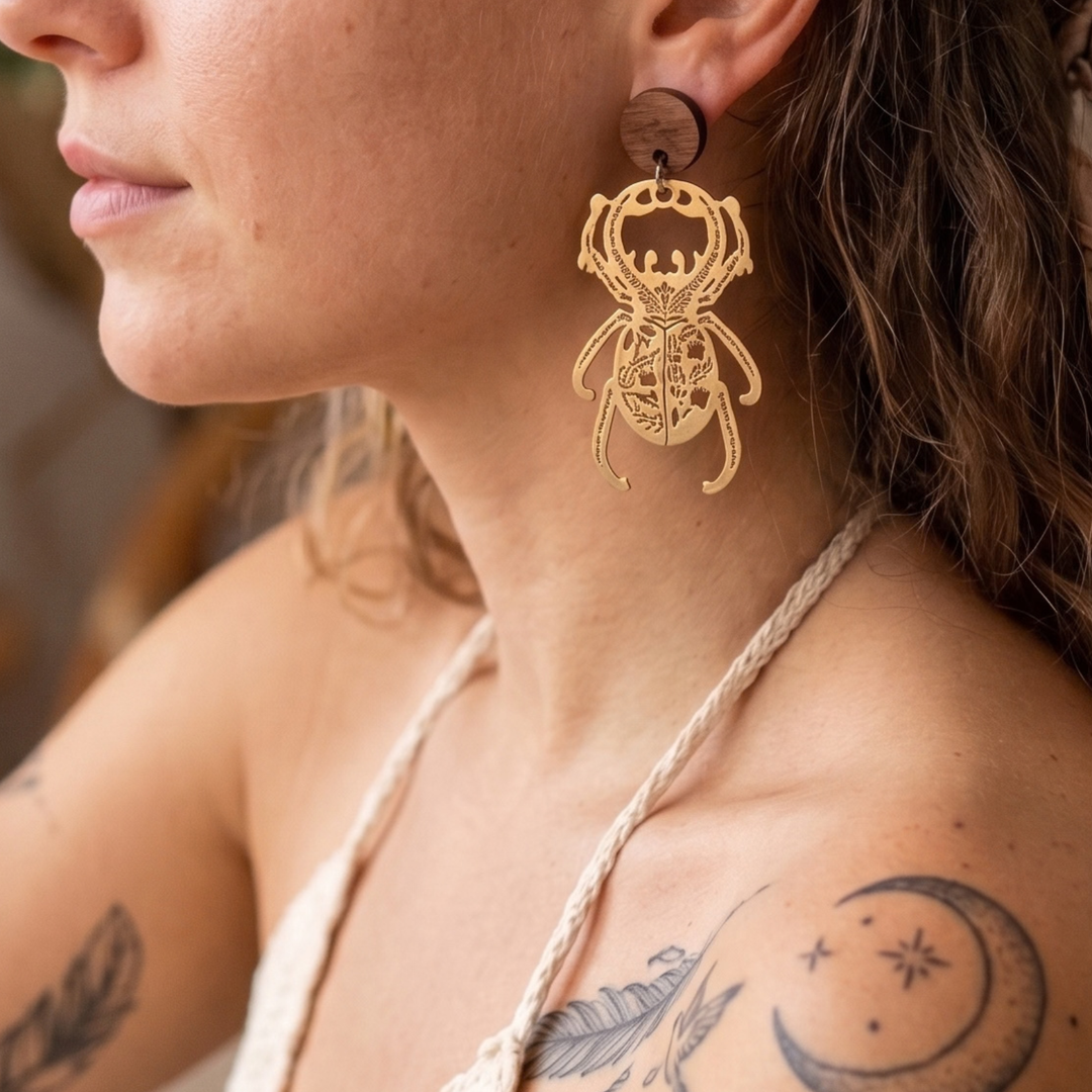 The Botanical Scarab Wood Post Dangle Earrings