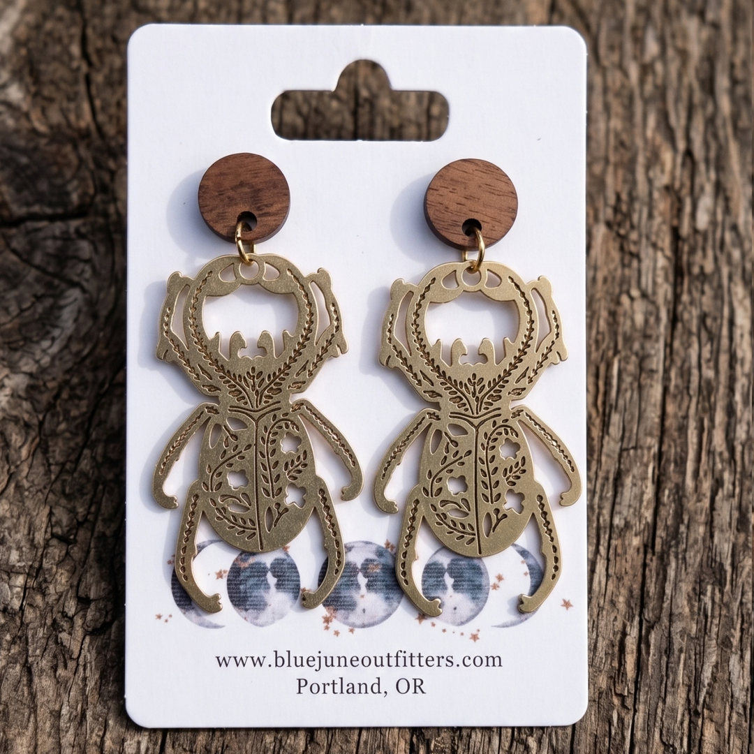 The Botanical Scarab Wood Post Dangle Earrings