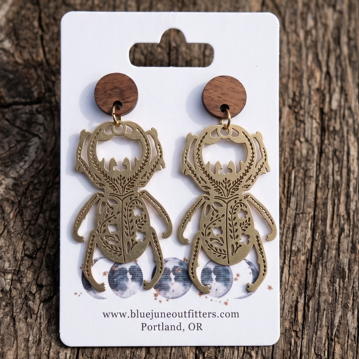 The Botanical Scarab Wood Post Dangle Earrings