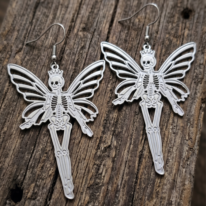 Laser Cut Stainless Steel Skeleton Fairy Earrings – Edgy Boho Gothic Jewelry