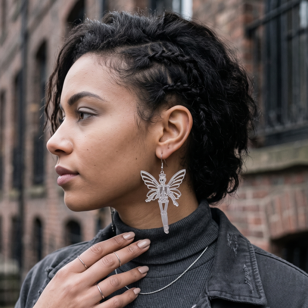 Laser Cut Stainless Steel Skeleton Fairy Earrings – Edgy Boho Gothic Jewelry