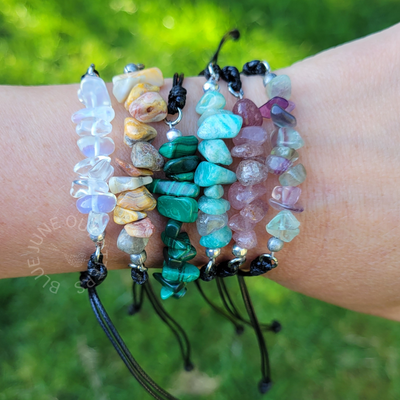 Adjustable Gemstone Chip Bracelets – White Opal, Malachite, Agate, Amazonite, Strawberry Quartz, Fluorite