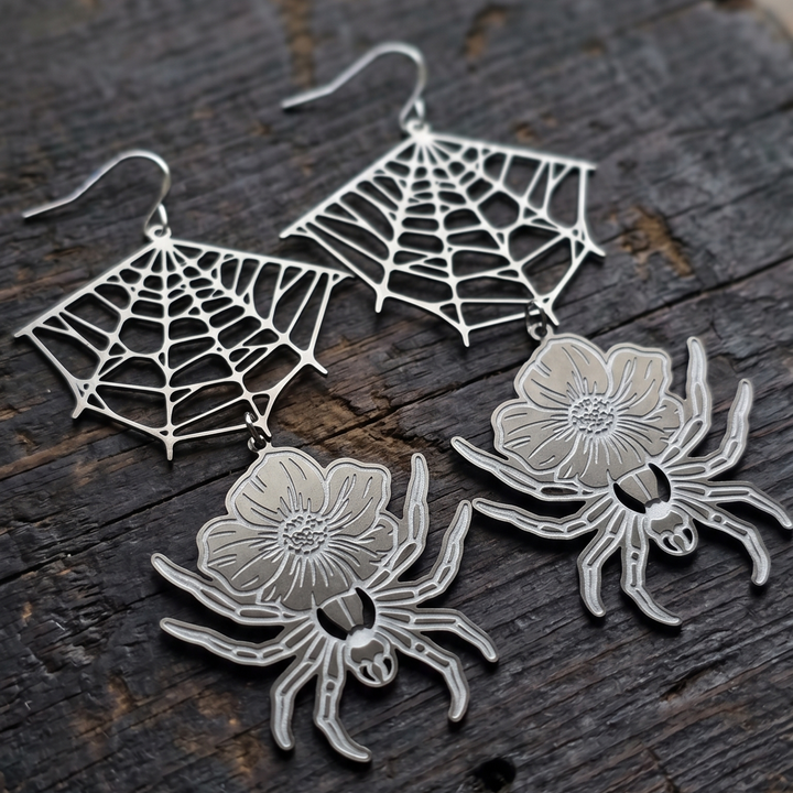 Floral Spider & Laser-Cut Web Drop Earrings in Stainless Steel | Edgy Boho Statement Jewelry