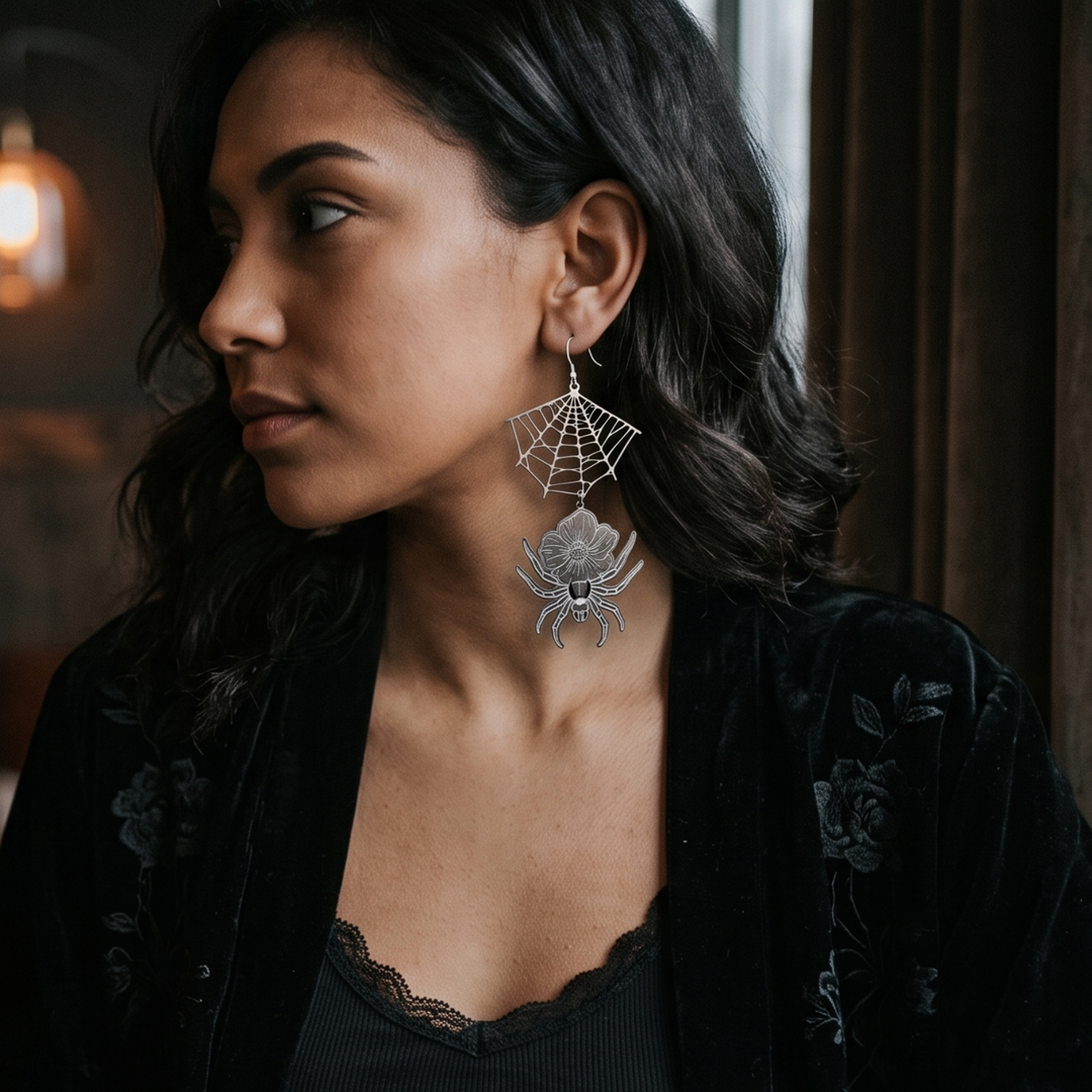 Floral Spider & Laser-Cut Web Drop Earrings in Stainless Steel | Edgy Boho Statement Jewelry