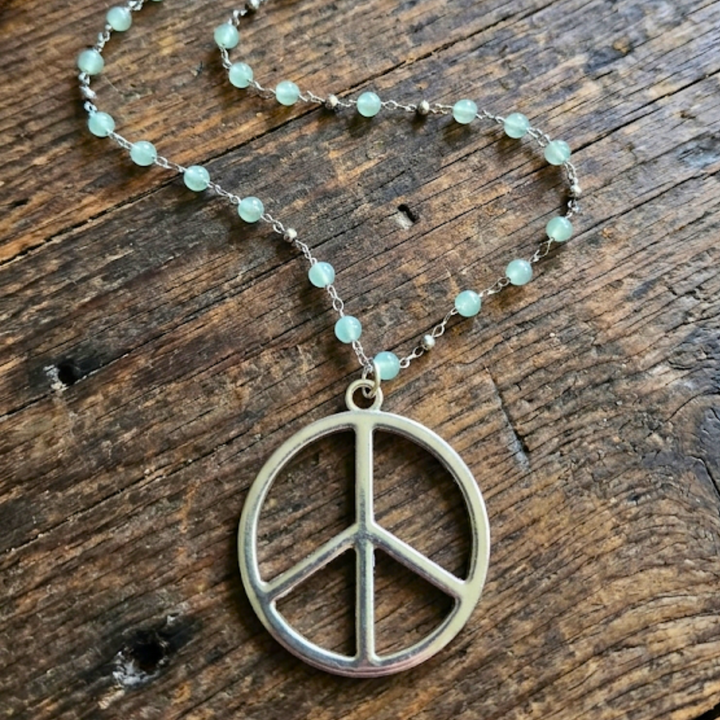 Handcrafted Silver Peace Sign Necklace - 20” Dainty Beaded Chain