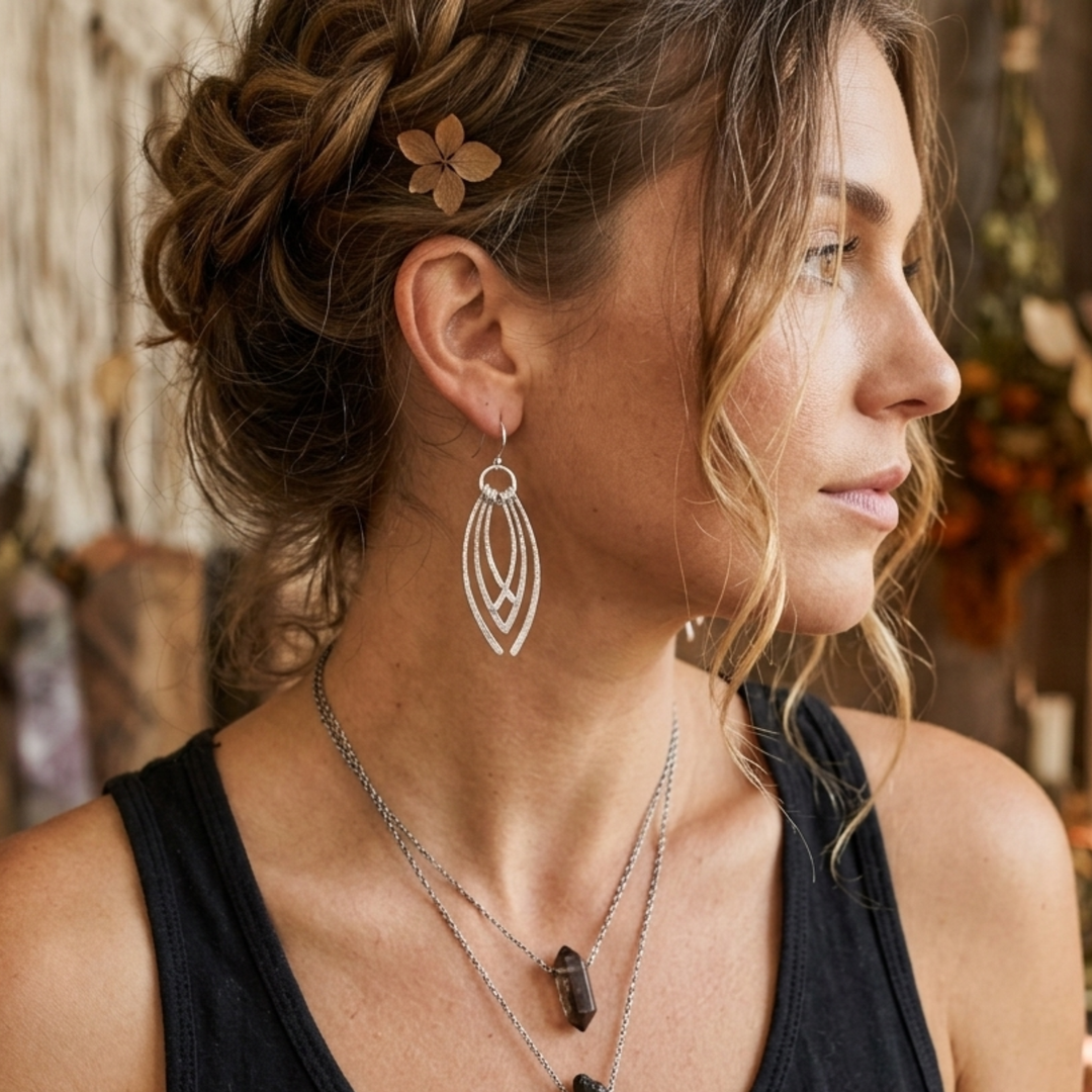 Layered Textured Marquise Dangle Earrings | Stainless Steel 2.5" Drops
