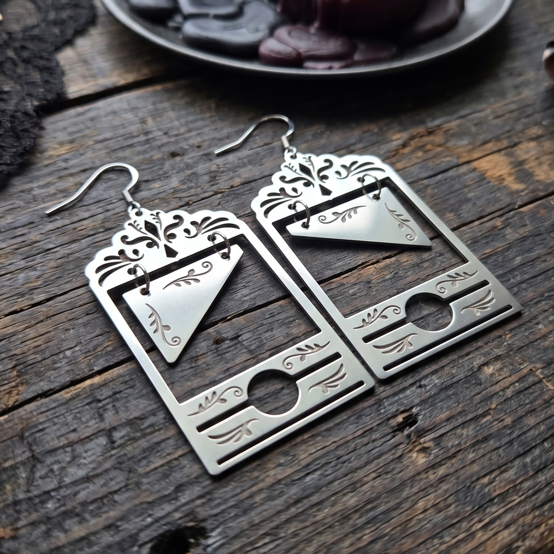 Moving Blade Guillotine Earrings in Stainless Steel - Gothic Celestial Jewelry