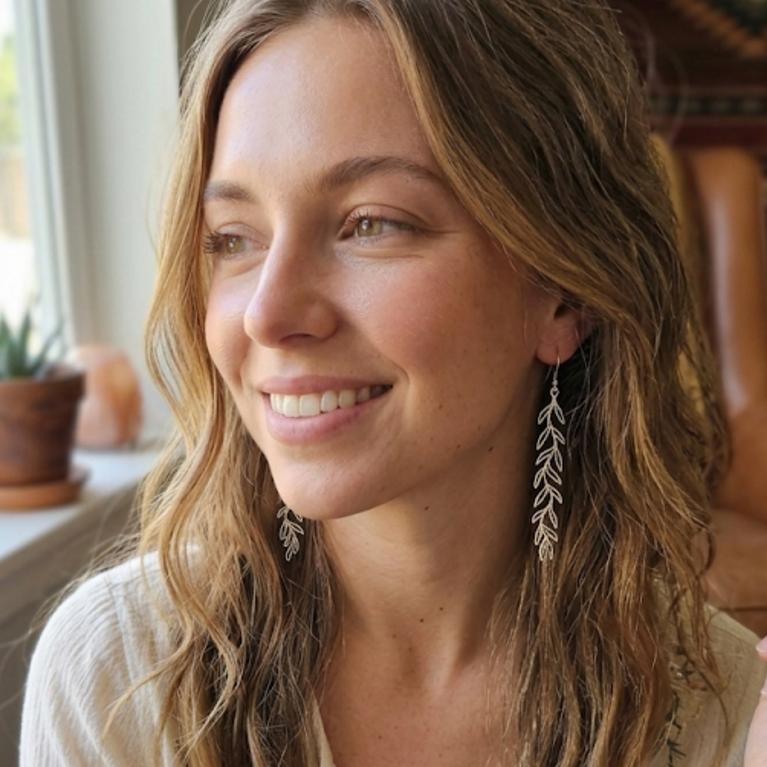 Laser-Cut Stainless Steel Leaf Vine Dangle Earrings - Hypoallergenic, Lightweight