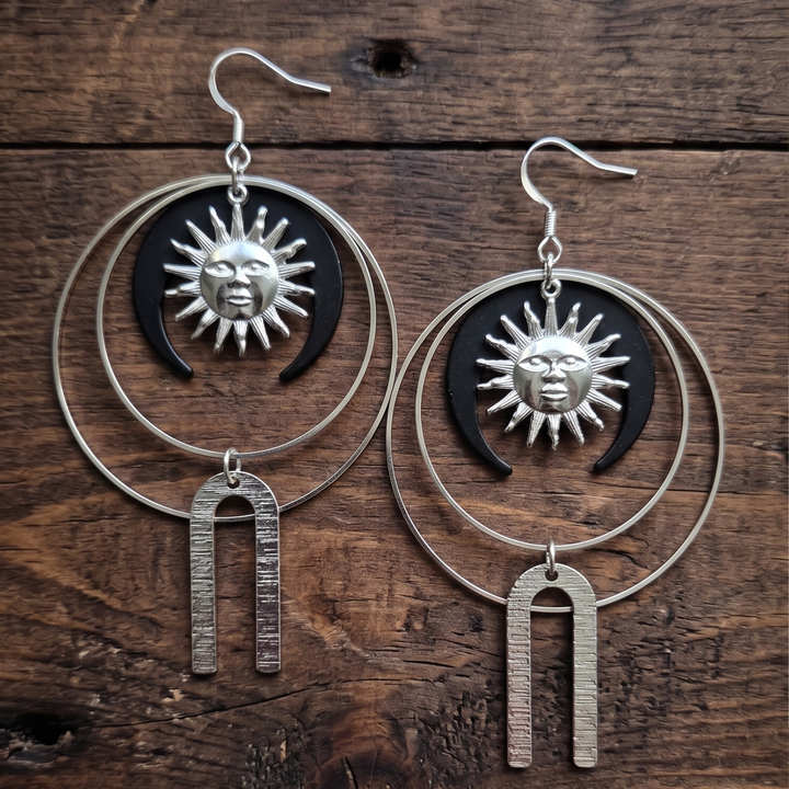 Celestial Sun and Moon Hoop Earrings – Stainless Steel Mystic Dangle Earrings, Lightweight Witchy Boho Jewelry