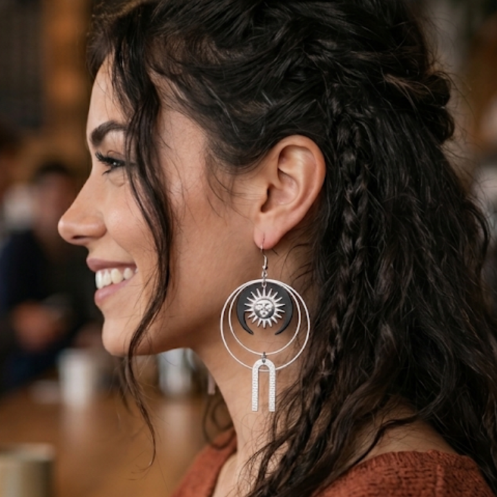 Celestial Sun and Moon Hoop Earrings – Stainless Steel Mystic Dangle Earrings, Lightweight Witchy Boho Jewelry