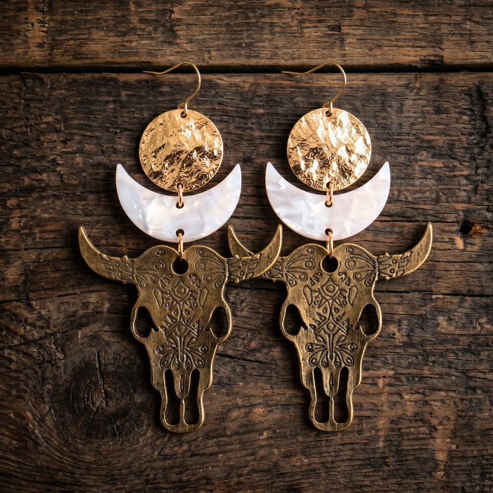 Artisan Bronze Steer Skull & Crescent Moon Statement Dangle Earrings