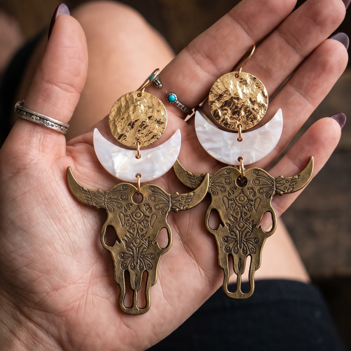 Artisan Bronze Steer Skull & Crescent Moon Statement Dangle Earrings