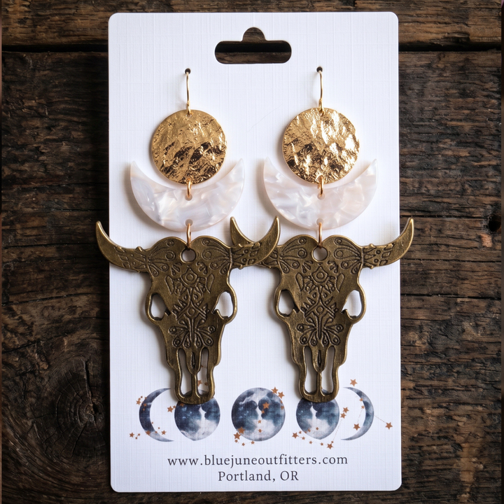 Artisan Bronze Steer Skull & Crescent Moon Statement Dangle Earrings