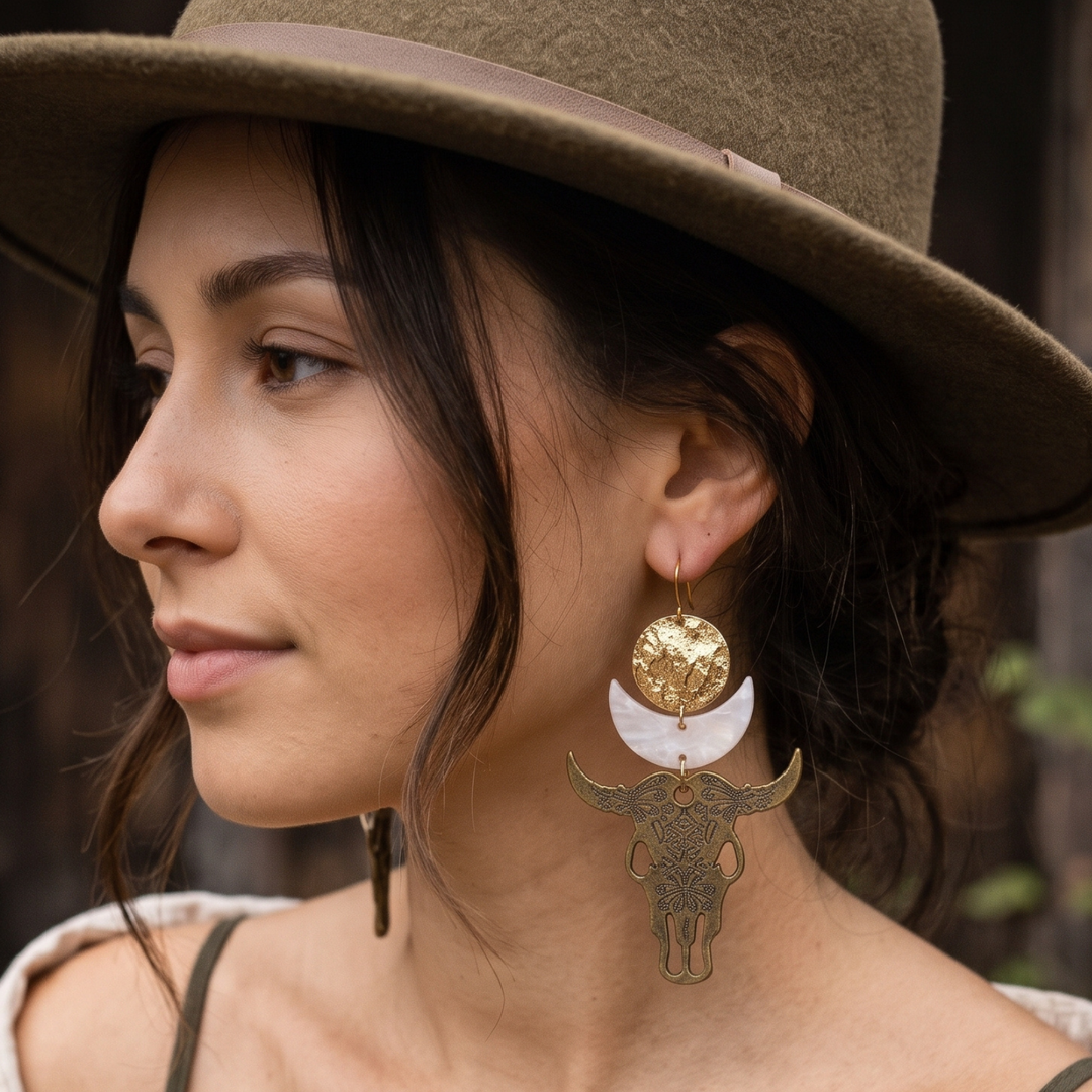 Artisan Bronze Steer Skull & Crescent Moon Statement Dangle Earrings